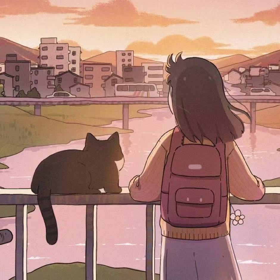 黄昏桥头，女孩与猫望向河对岸的小城